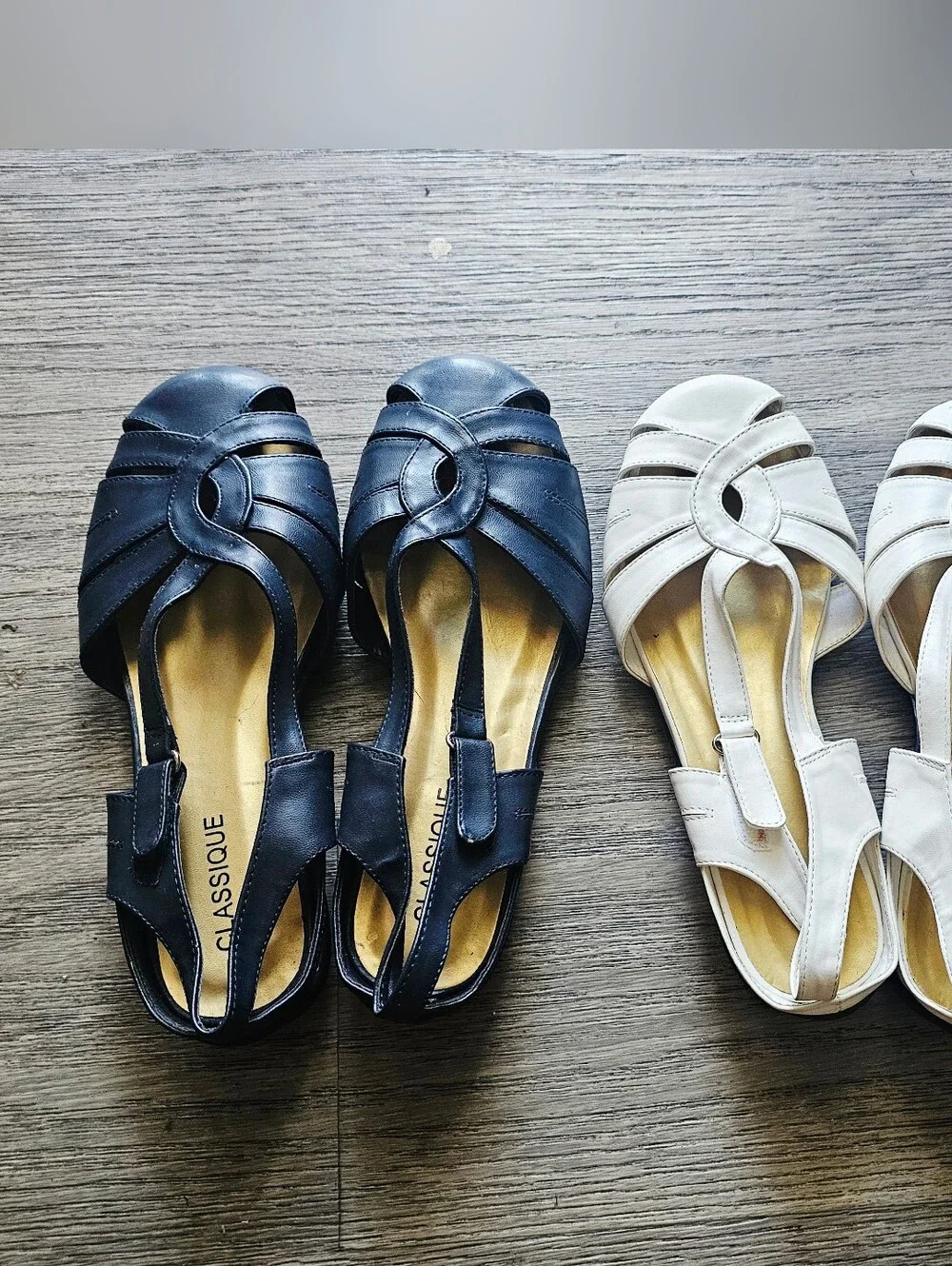 Comfort T-Strap Sandals in Navy and White - Women Shoes